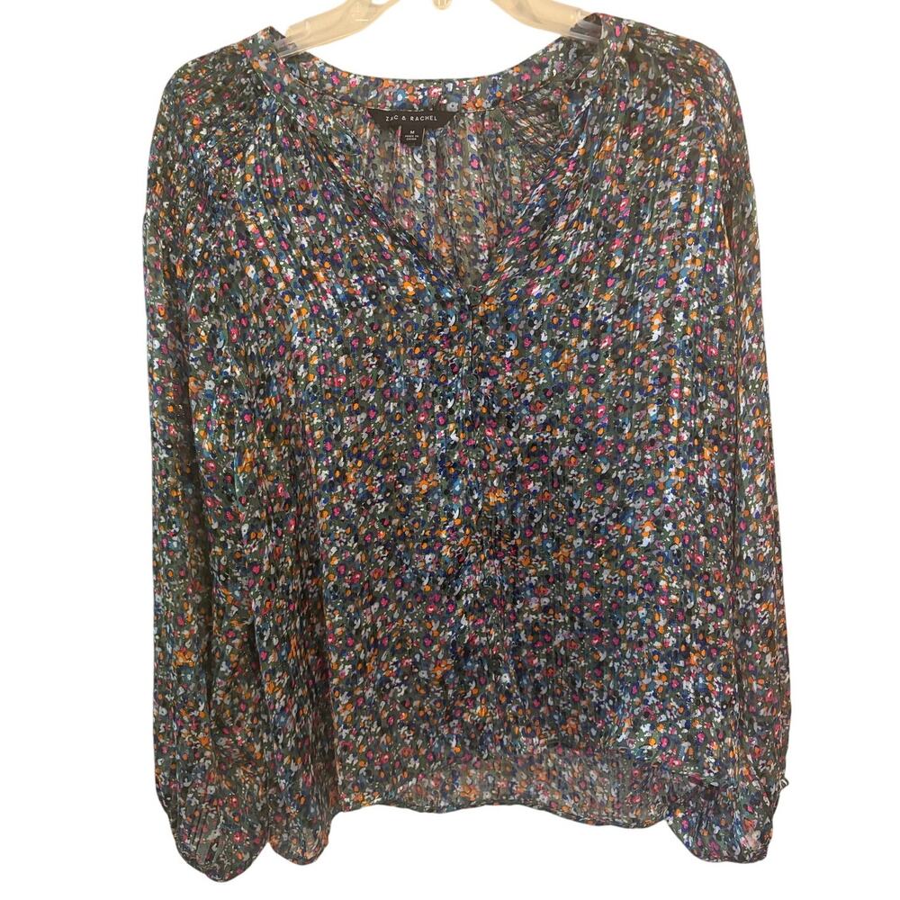 Zac & Rachel Top Womens XL Blue Abstract Print‎ Button Down Lightweight V Neck